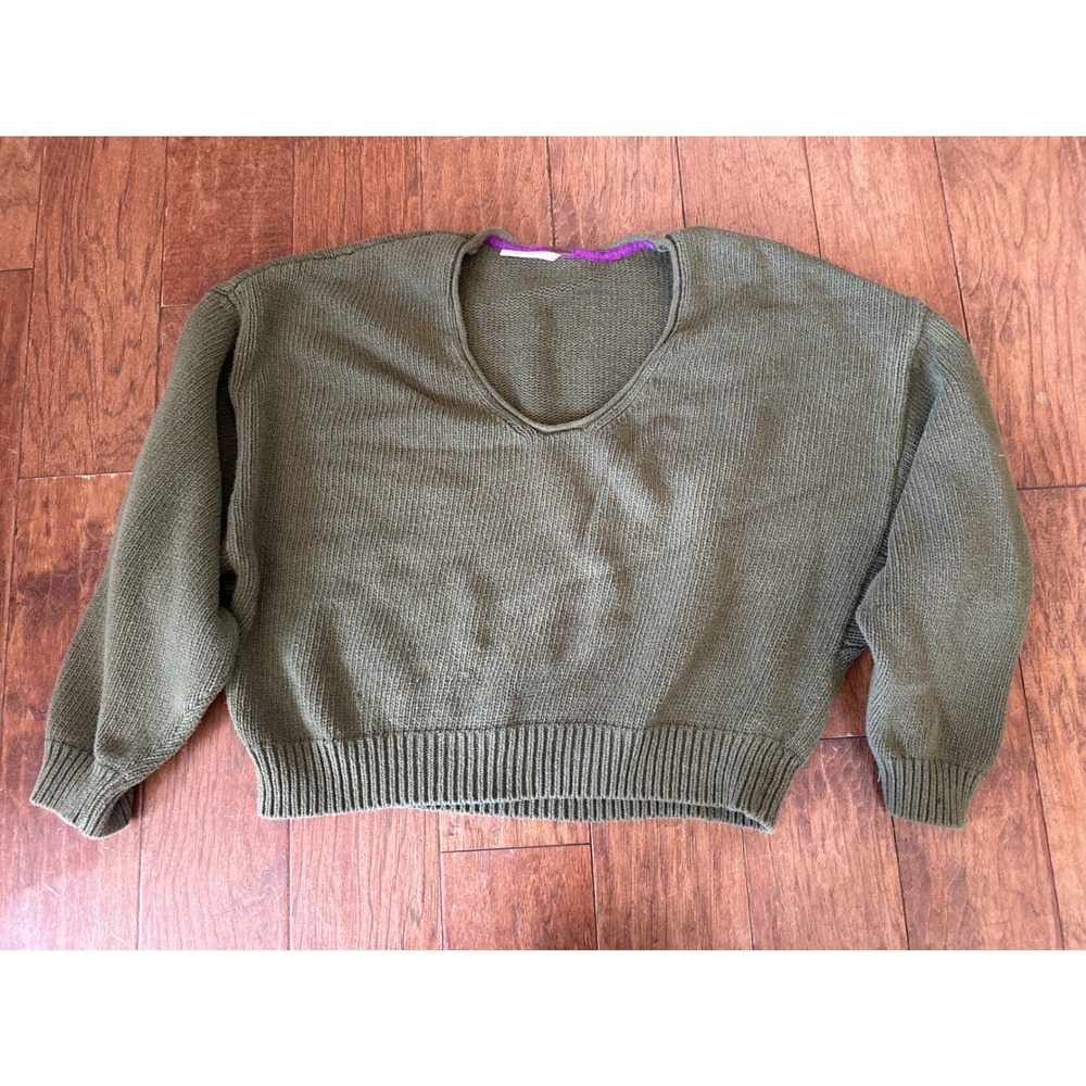 Free People Olive Green Purple Cotton Chunky Knit Sweater Large Garter Stitch‎